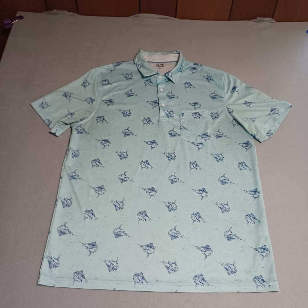 IZOD‎ Saltwater Mens XLT Polo Shirt Blue Marlin Print Short Sleeve Tall Pocket